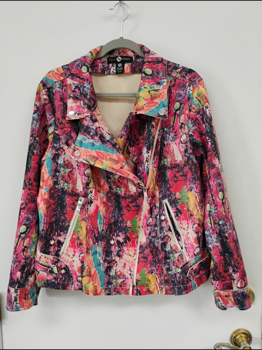 Ashley Stewart 14/16 Multicolor Abstract Print Moto Biker Jacket